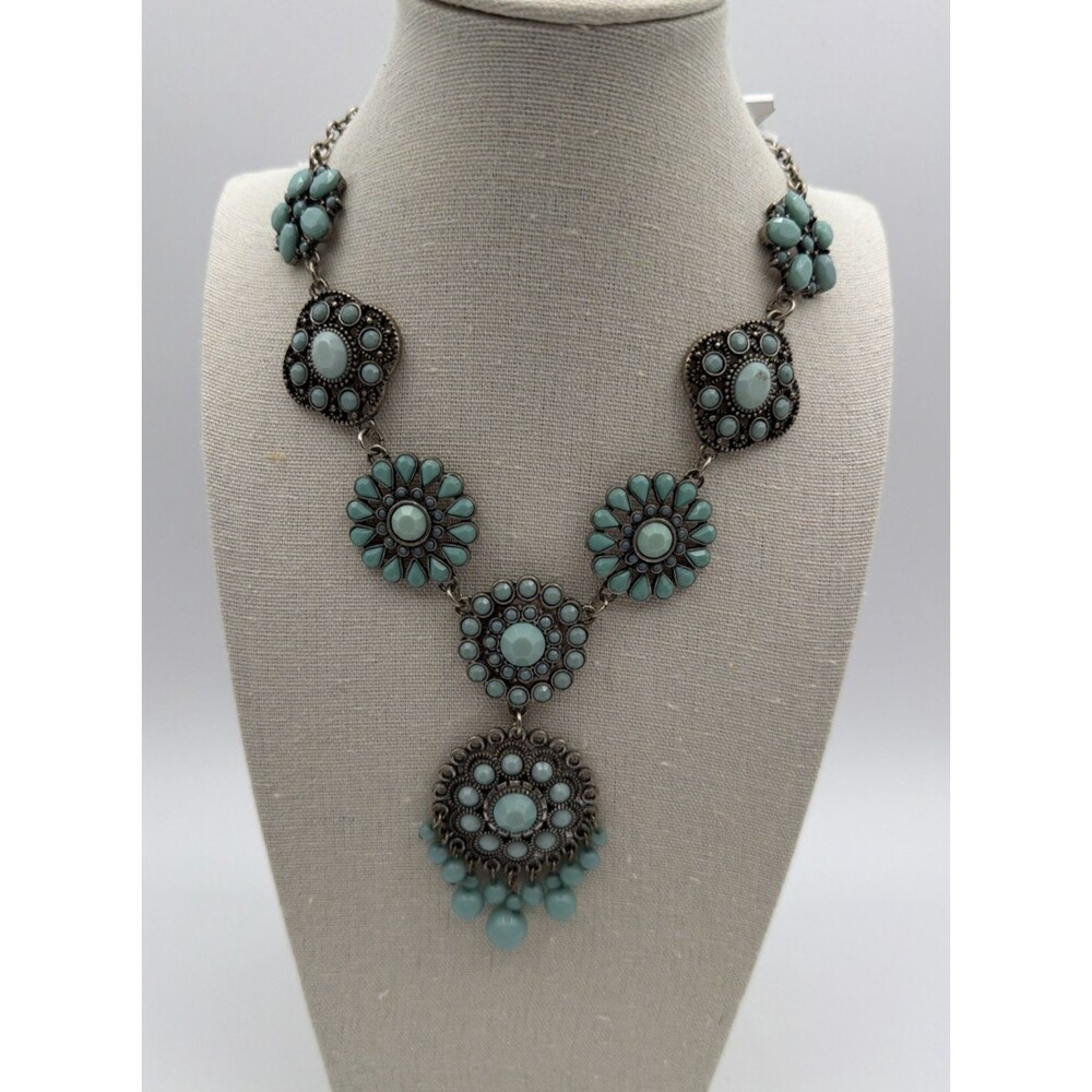 Turquoise Statement Necklace Antique Gold Tone Floral Boho Bib Dangle